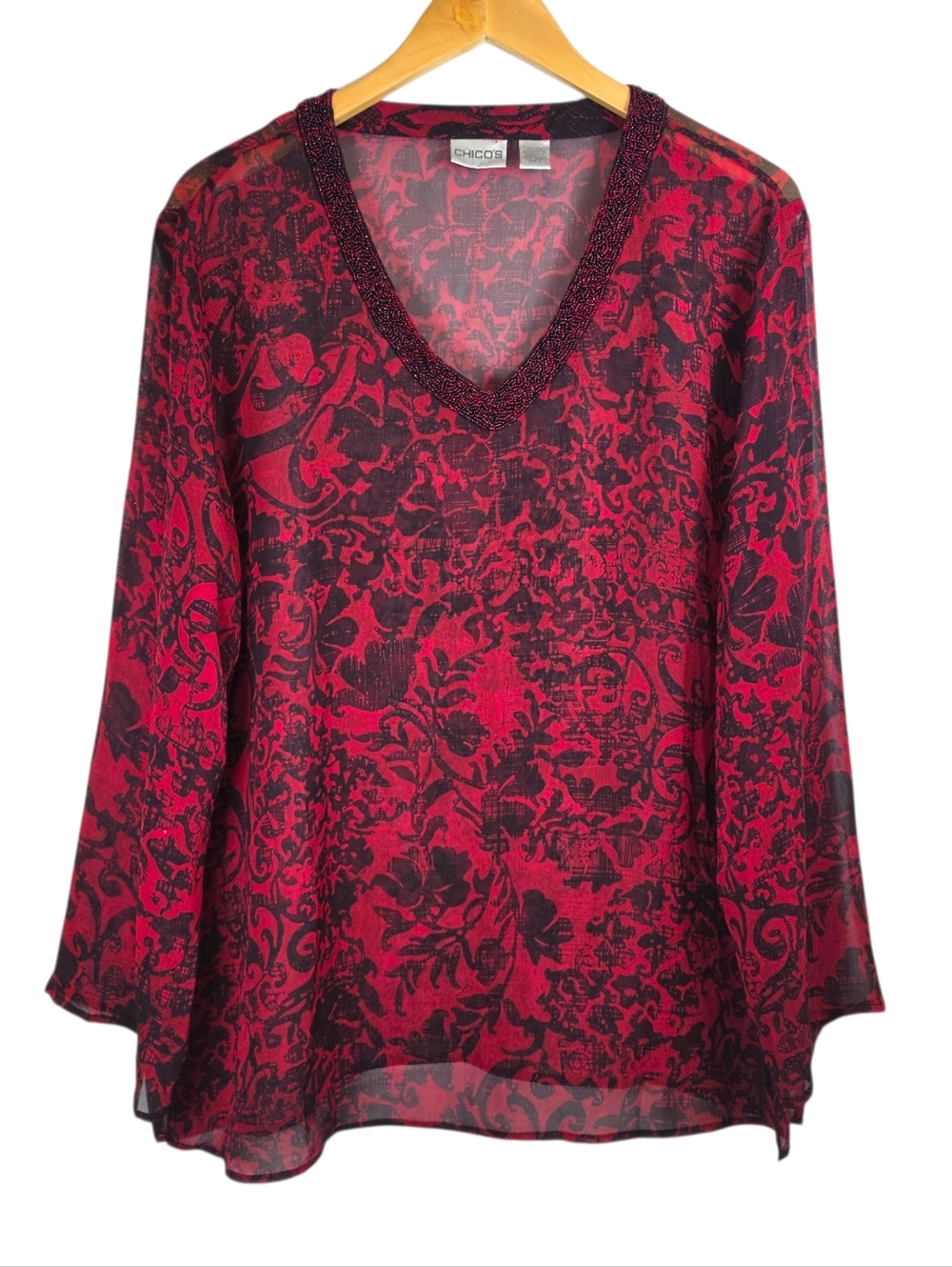 Chicos 100% Silk Embroidered Beaded Neckline Sx 3 XL Boho Whimsigoth Sheer EUC